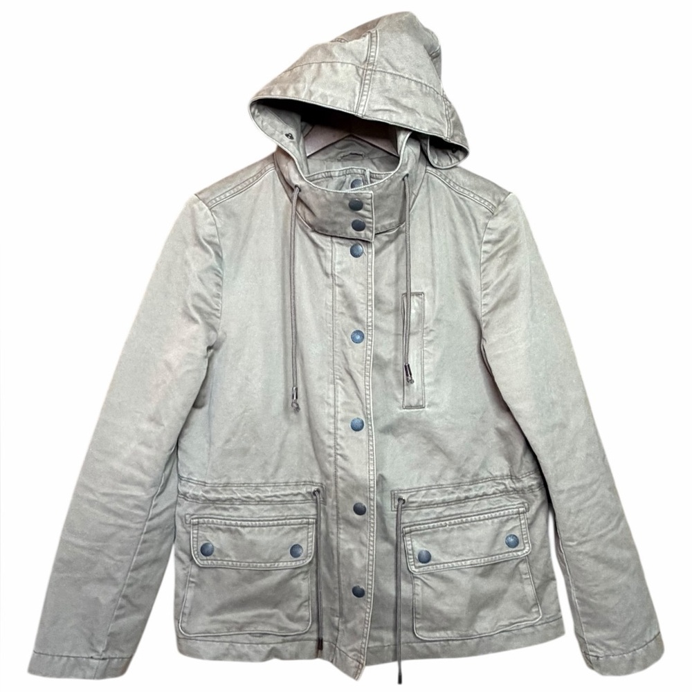 LOFT Tan Hooded field barn Jacket Button front and zipper cinched waist-SZ M
